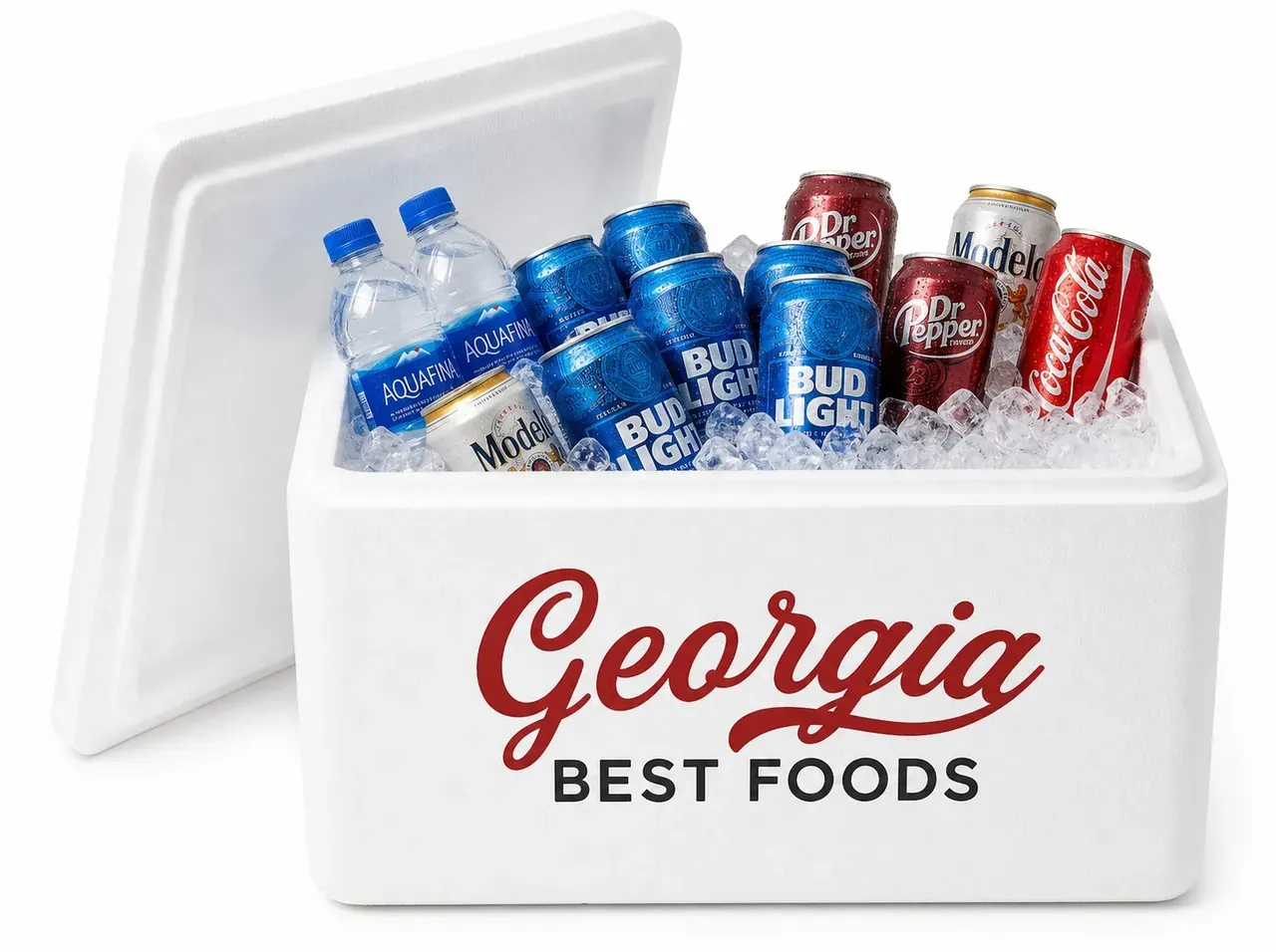 Georgia Best Foods cooler packed with ice and ice-cold Coca-Cola, Dr Pepper, Budweiser, Modelo, and Aquafina water