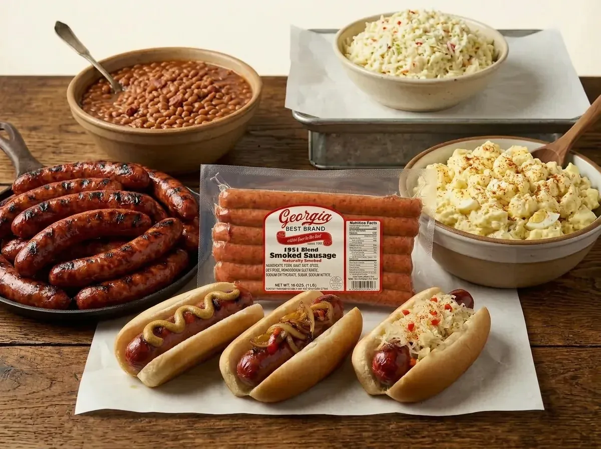Catering spread of foil trays filled with smoked ribs, pulled pork, grilled chicken, smoked sausage links, and Southern sides