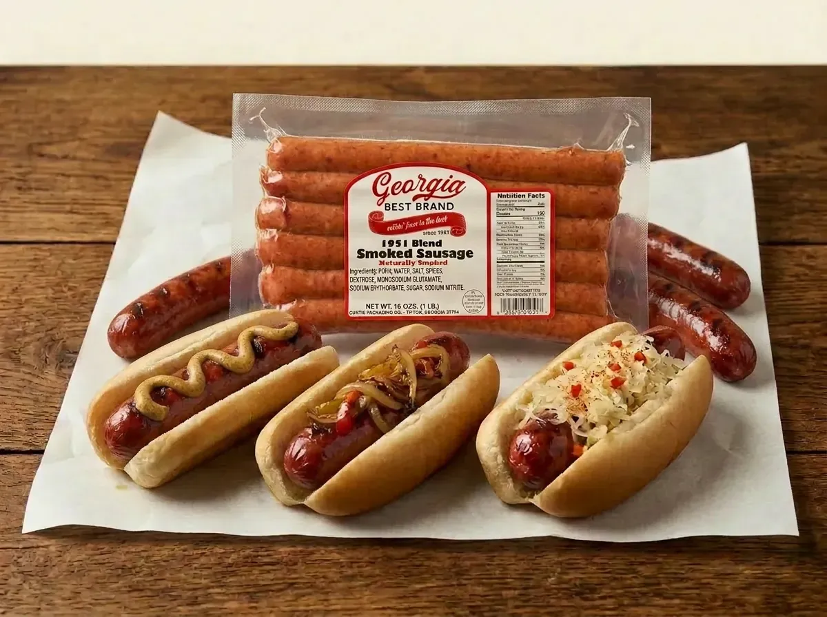 Georgia Best 1951 smoked sausage links, ready for the grill