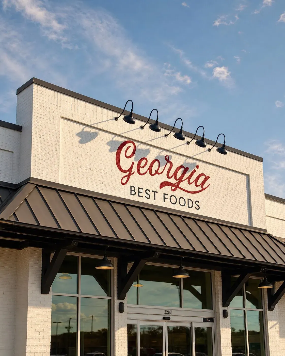 Golden-hour close-up of the Georgia Best Foods script sign above the store entrance in Tifton, Georgia